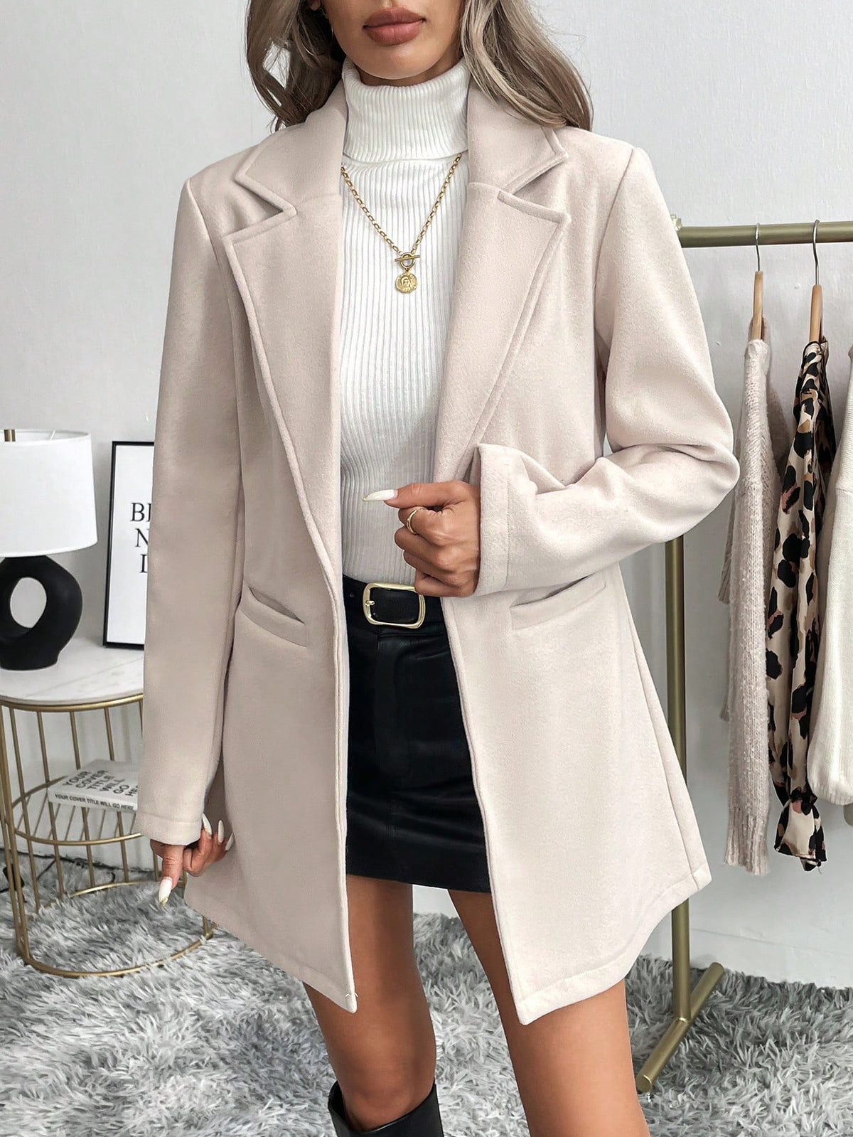 Apricot Casual Minimalist Workwear V-Neck Long Sleeve Jacket For Women